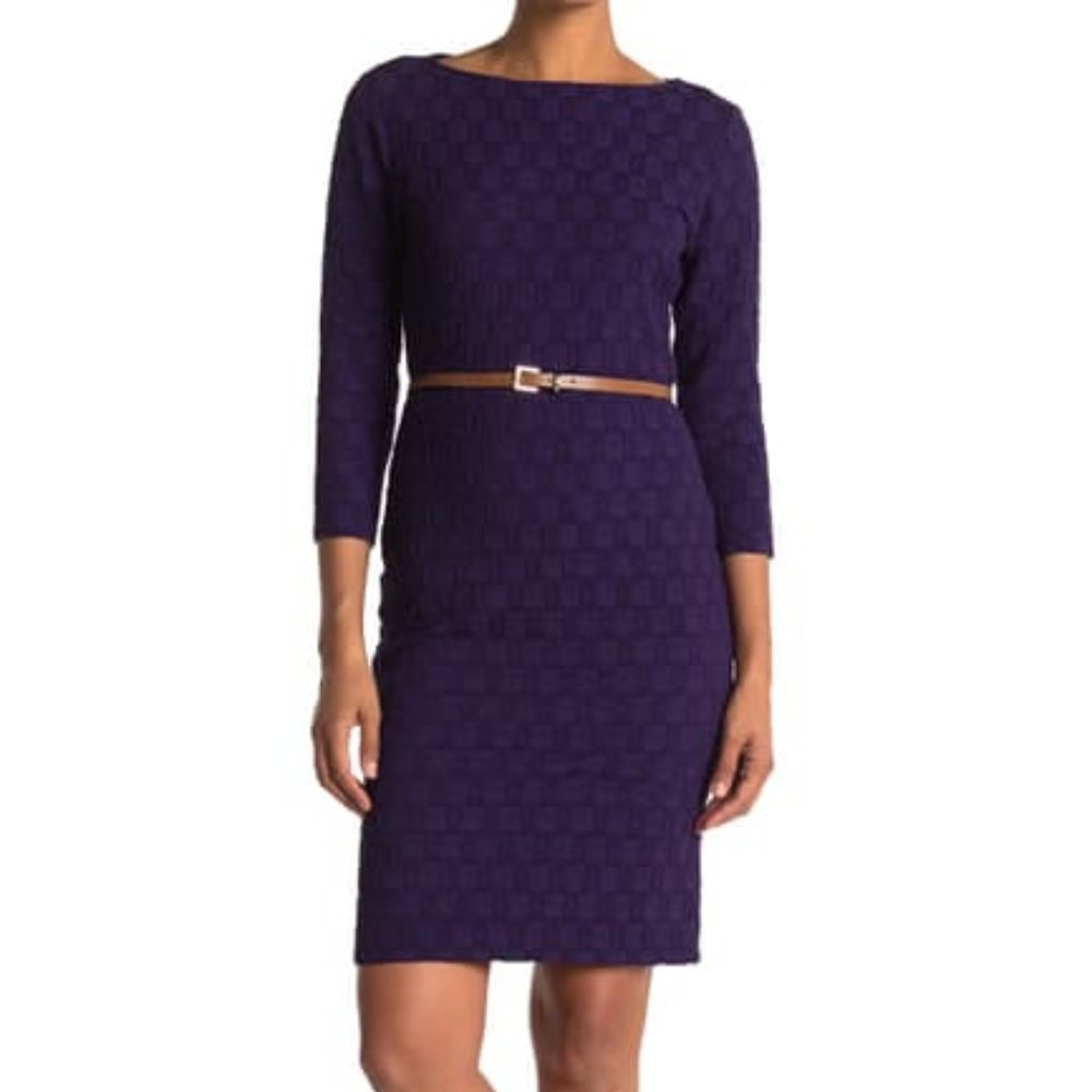 NWT Sharagano Boatneck Faux Leather Belted Dress